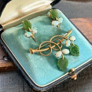 Vintage MCM Krementz Rolled Gold Opal & Jade Floral Brooch Earring Set with Box